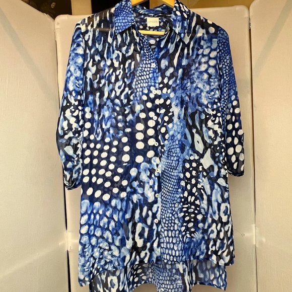 Chico's Mosaic Bi-Color Abstract Print Sheer Tunic Blouse - Picture 1 of 9